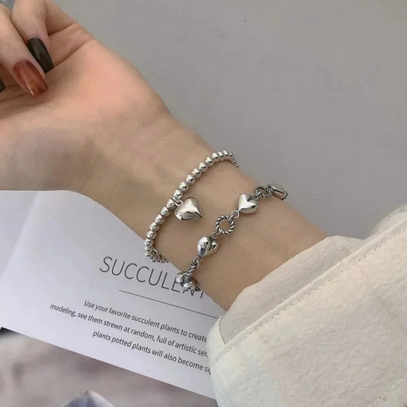 925 Sterling Silver Chunky Heart Bracelet Dangle Heart Link Bracelet - Picture 2 of 6